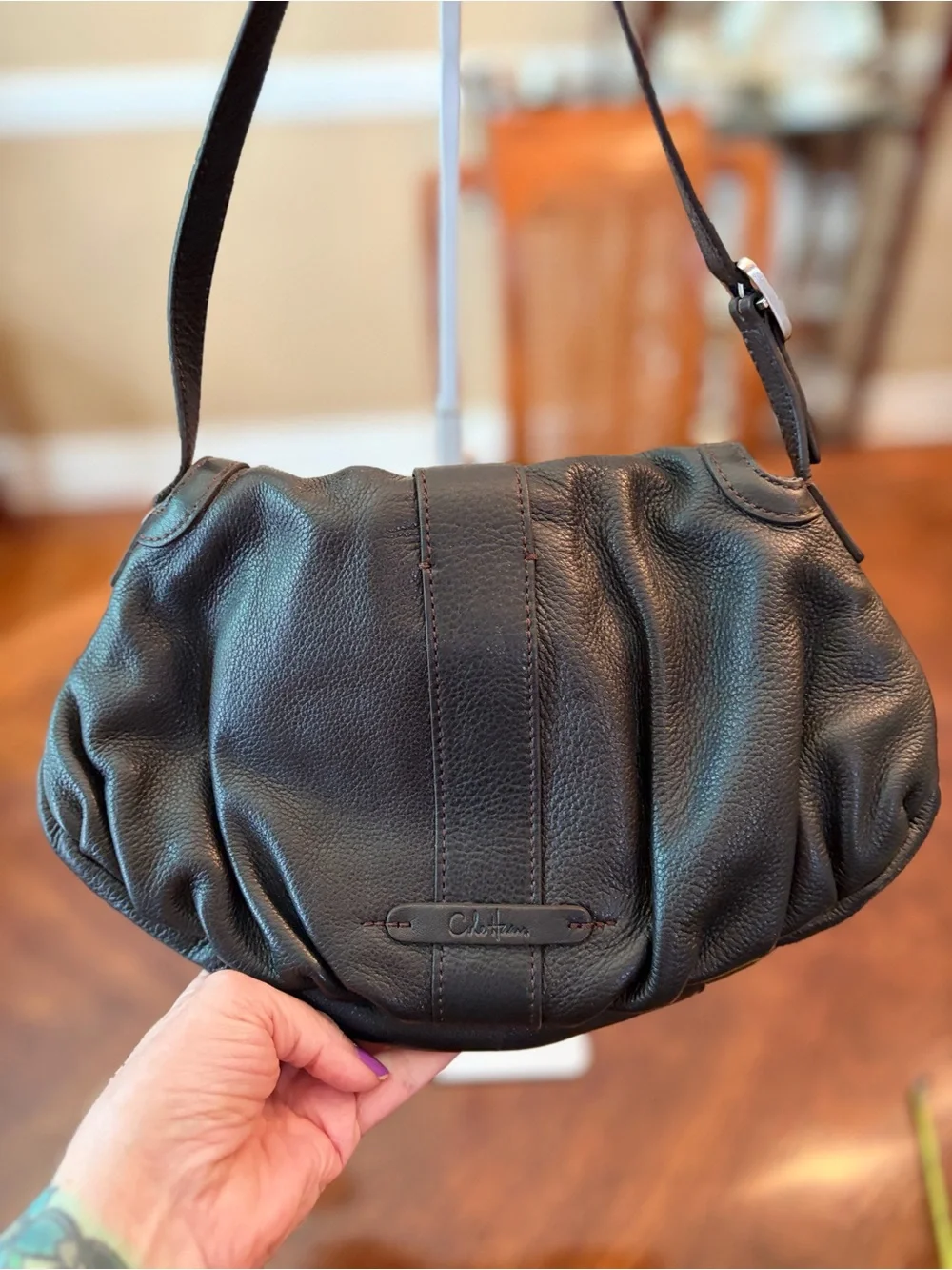 Cole Haan Small Flap Bag Black Leather w/ Silver Buckler